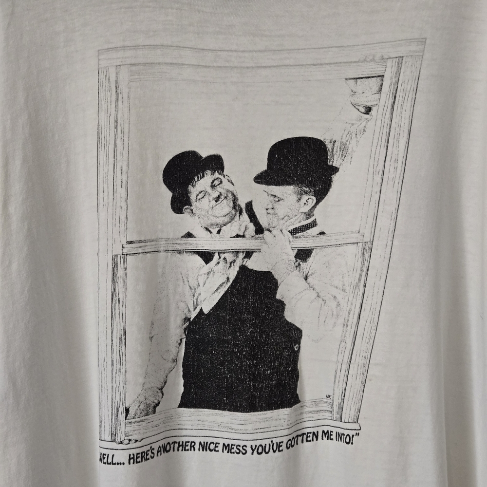 Vintage 90s Single Stitch Y2K Laurel & Hardy Hanes Beefy-T White Graphic T-Shirt - Picture 3 of 6
